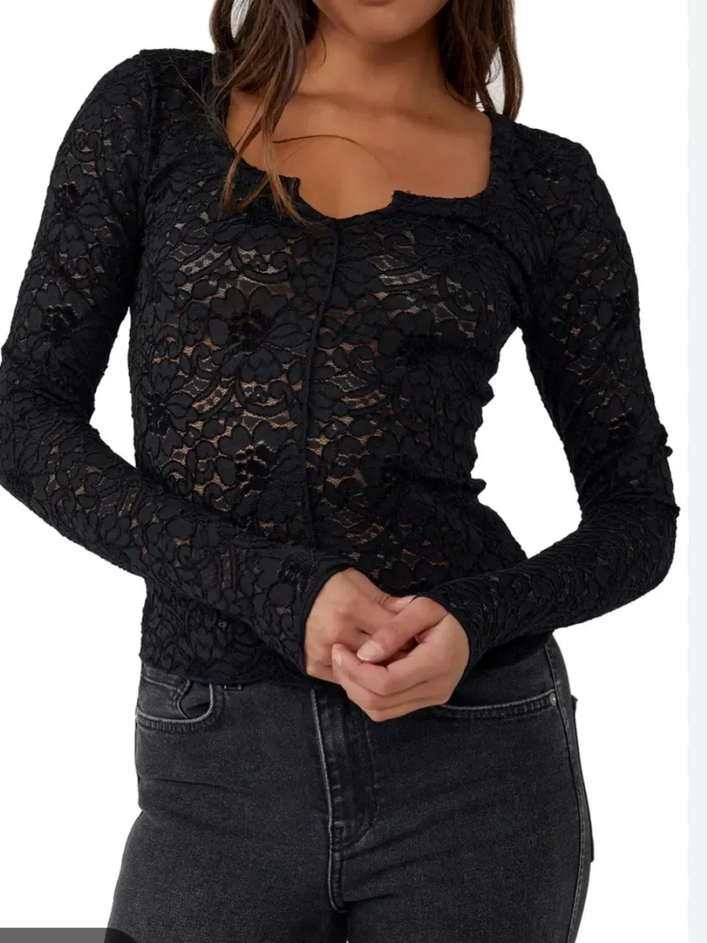 Free people intimately long sleeve black lace cloud nine top sz L EUC